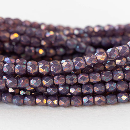 4mm Round Faceted Glass Beads - Opaque Purple Luster - 50 Beads