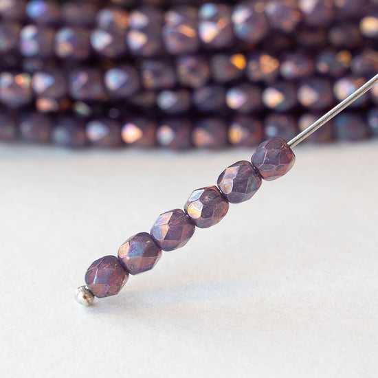 4mm Round Faceted Glass Beads - Opaque Purple Luster - 50 Beads