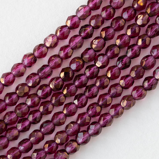 4mm Round Faceted Glass Beads - Transparent Raspberry Bronze Luster - 50 Beads