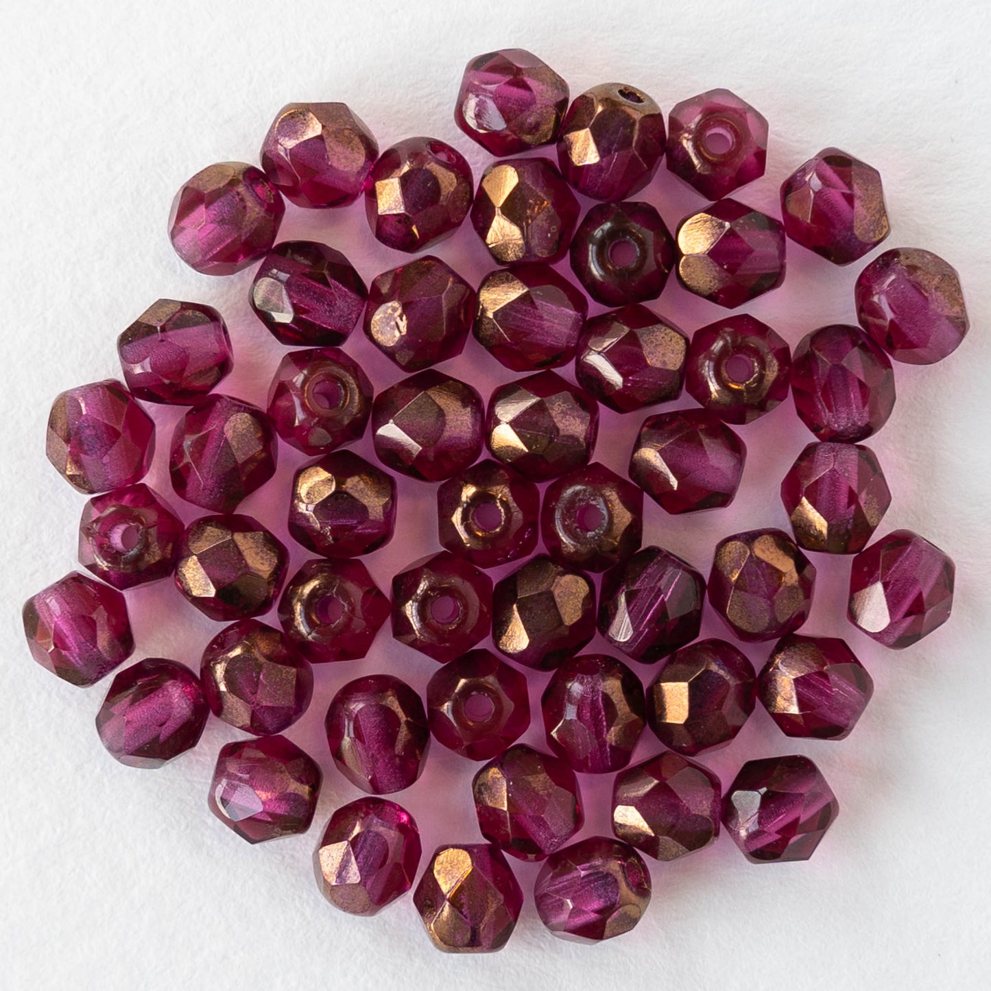 4mm Round Faceted Glass Beads - Transparent Raspberry Bronze Luster - 50 Beads