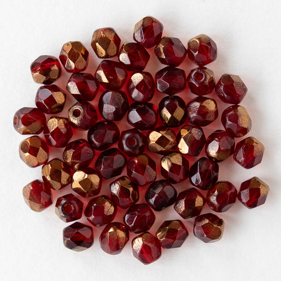 4mm Round Faceted Glass Beads - Transparent Red with Bronze - 50 Beads