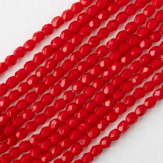 4mm Round Firepolished Glass Beads - Opaque Red - 50 Beads