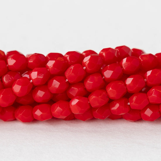 4mm Round Firepolished Glass Beads - Opaque Red - 50 Beads