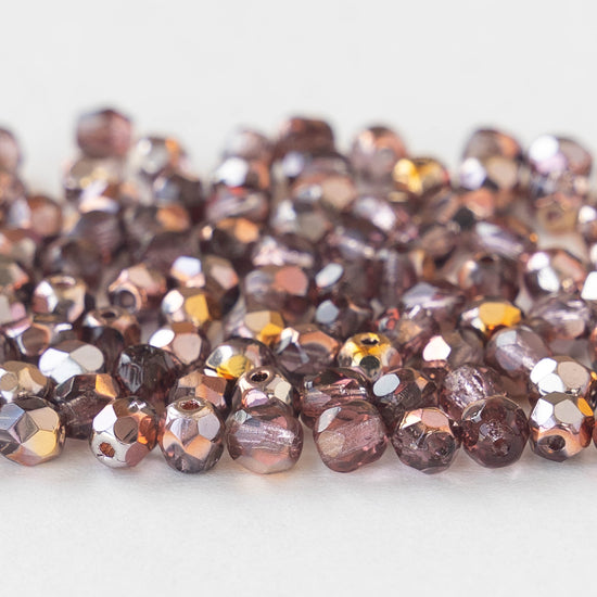 4mm Faceted Round Beads - Pink Rosaline with Gold Iris Finish - 100 beads