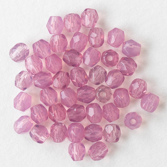 4mm Round Firepolished Glass Beads - Transparent Rose Pink - 50 Beads