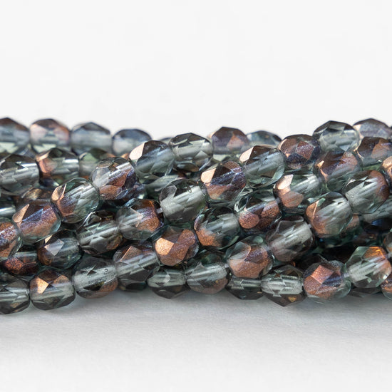 4mm Round Faceted Glass Beads - Tourmaline Green with Bronze - 50 Beads