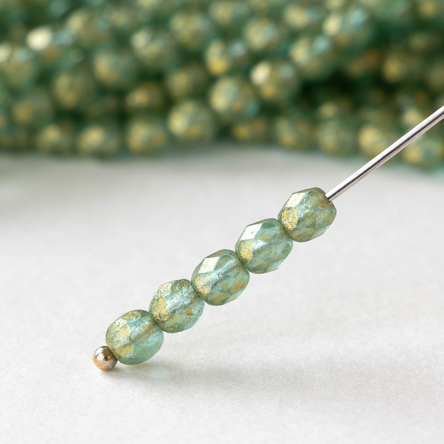 4mm Faceted Round Beads - Matte Sage Green Gold Dust - 50 beads