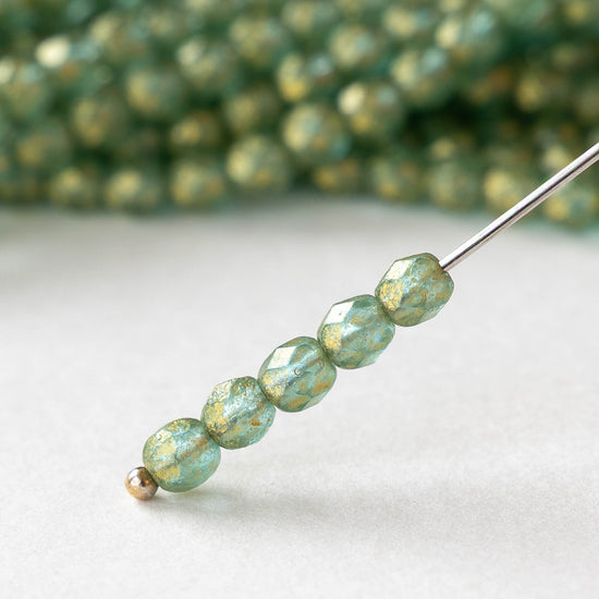 4mm Faceted Round Beads - Matte Sage Green Gold Dust - 50 beads