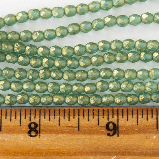 4mm Faceted Round Beads - Matte Sage Green Gold Dust - 50 beads