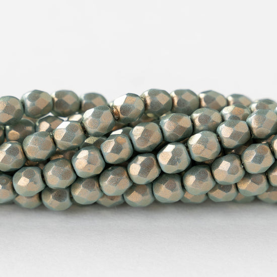 4mm Round Faceted Glass Beads - Opaque Turquoise with Gold Luster- 50 Beads