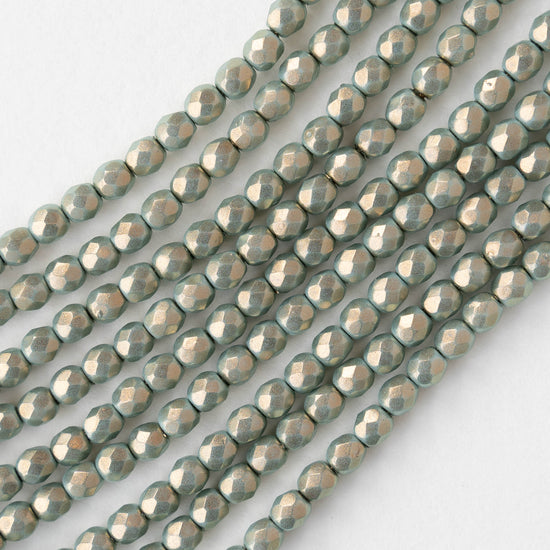 4mm Round Faceted Glass Beads - Opaque Turquoise with Gold Luster- 50 Beads