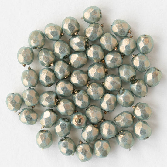 4mm Round Faceted Glass Beads - Opaque Turquoise with Gold Luster- 50 Beads