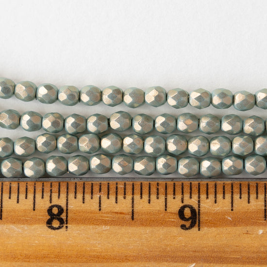 4mm Round Faceted Glass Beads - Opaque Turquoise with Gold Luster- 50 Beads