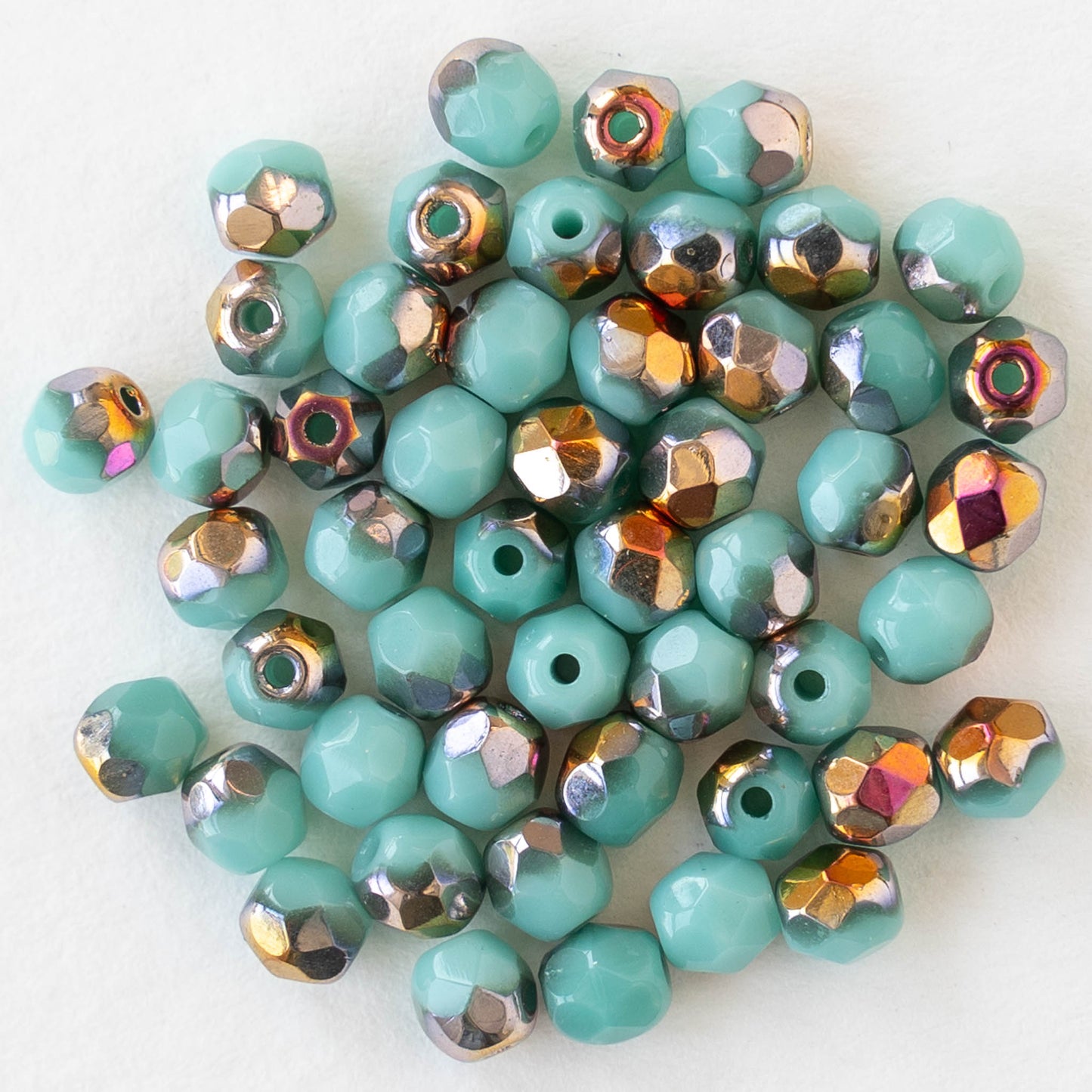 4mm Round Faceted Glass Beads - Turquoise with Crimson Gold- 50 Beads