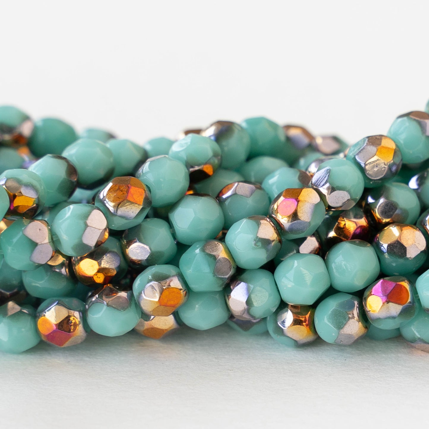 4mm Round Faceted Glass Beads - Turquoise with Crimson Gold- 50 Beads