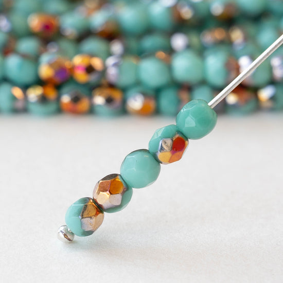 4mm Round Faceted Glass Beads - Turquoise with Crimson Gold- 50 Beads