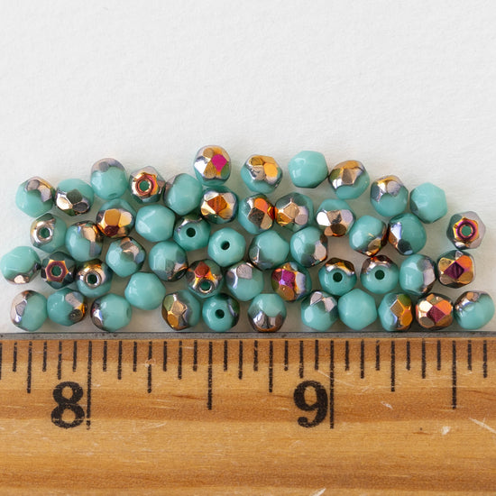 4mm Round Faceted Glass Beads - Turquoise with Crimson Gold- 50 Beads