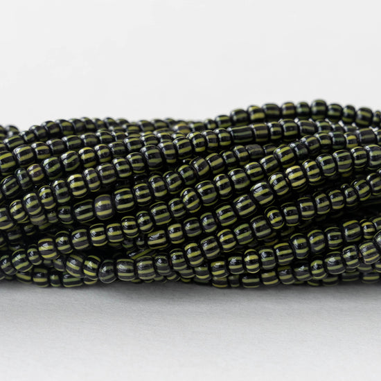 Seed Beads - Black and Green Stripes - 14 Inch Strand