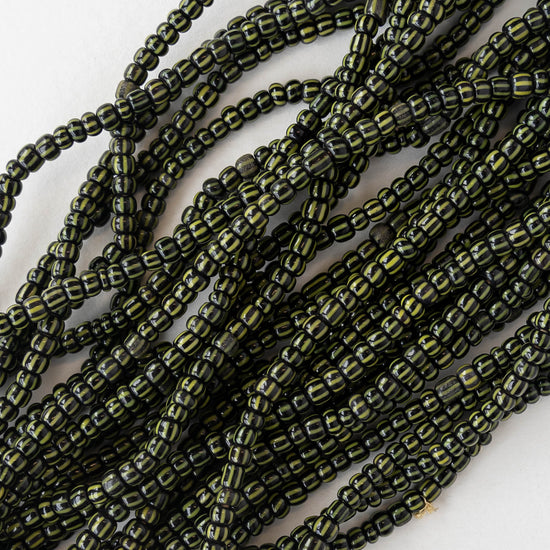 Seed Beads - Black and Green Stripes - 14 Inch Strand
