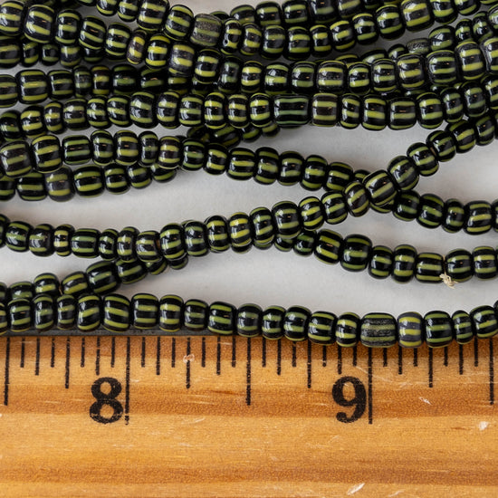 Seed Beads - Black and Green Stripes - 14 Inch Strand