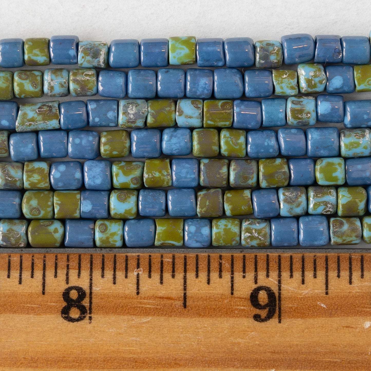 Load image into Gallery viewer, 4x4mm Picasso Tube Beads - Blue Green Picasso Mix  - 20 inches
