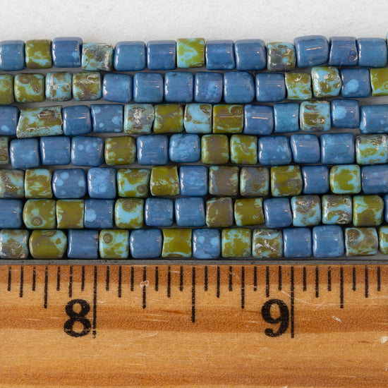 4x4mm Picasso Tube Beads - Blue Green Picasso Mix  - 20 inches