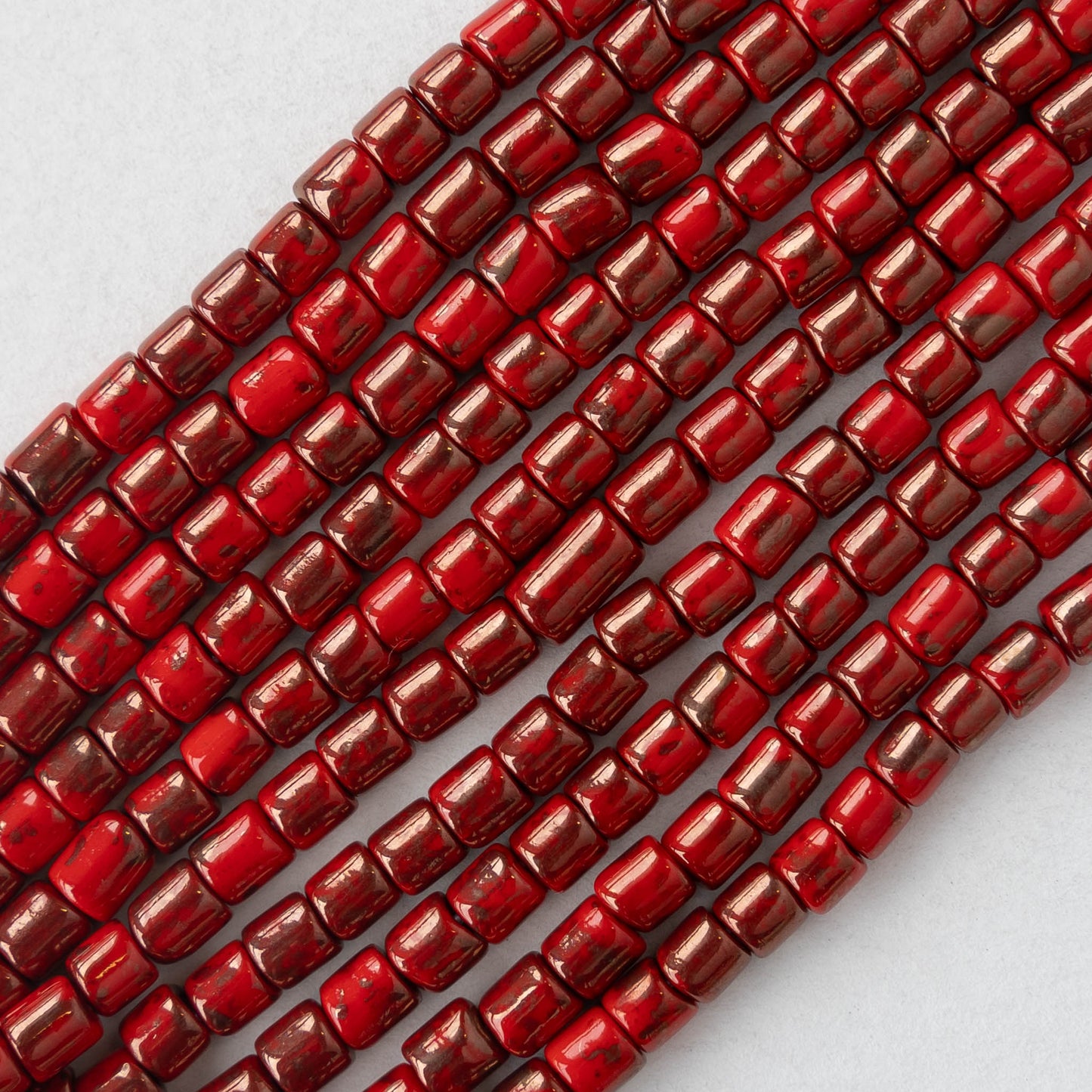 4x4mm Picasso Tube Beads - Glazed Opaque Red - 20 inches