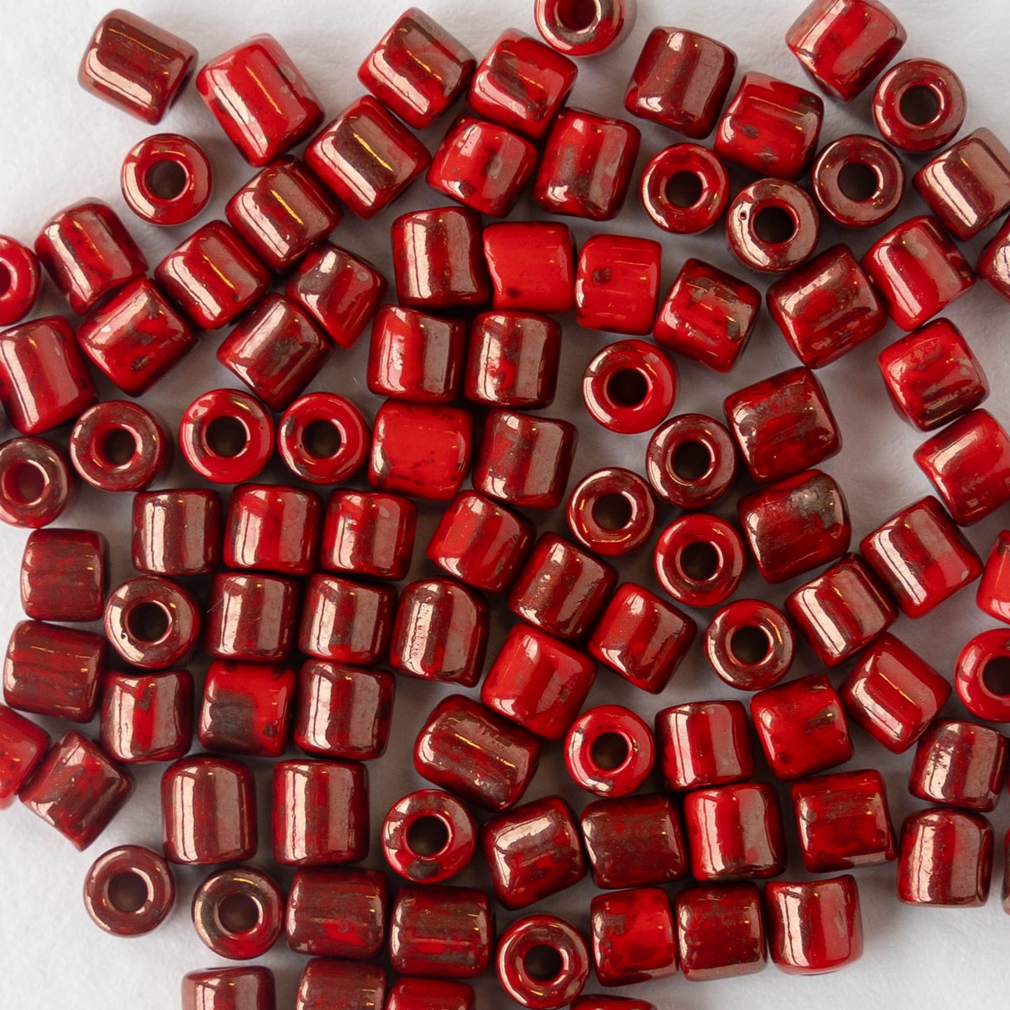 4x4mm Picasso Tube Beads - Glazed Opaque Red - 20 inches