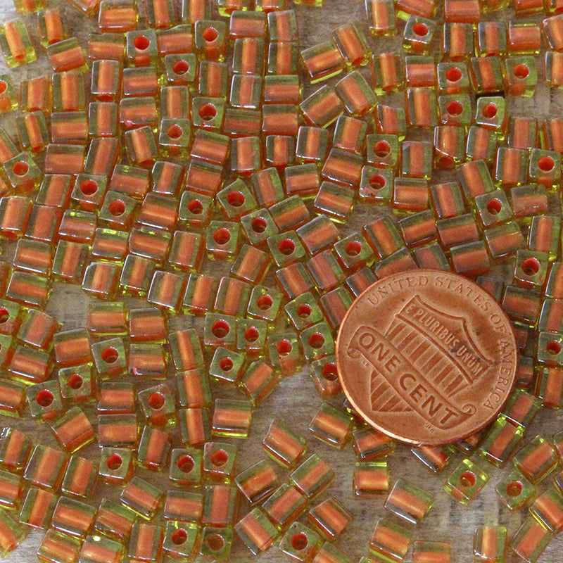 4mm Miyuki Cube Beads  - Orange Lined Chartreuse - 20 or 60 grams