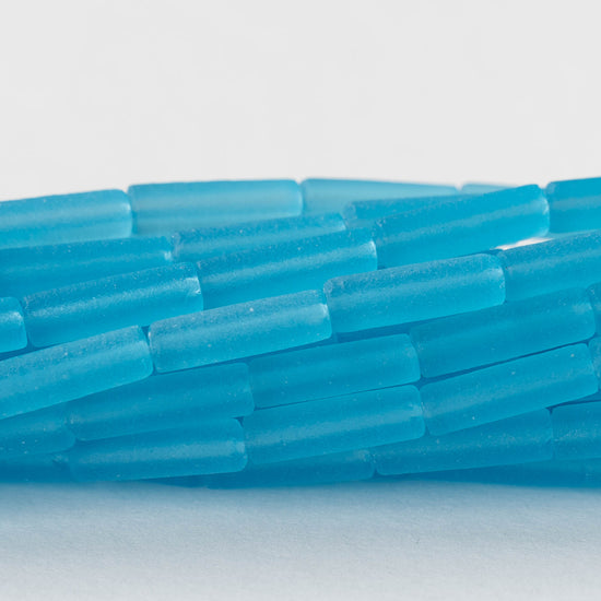 4x14mm Frosted Glass Tube Beads - Transparent Aqua - 30 or 90