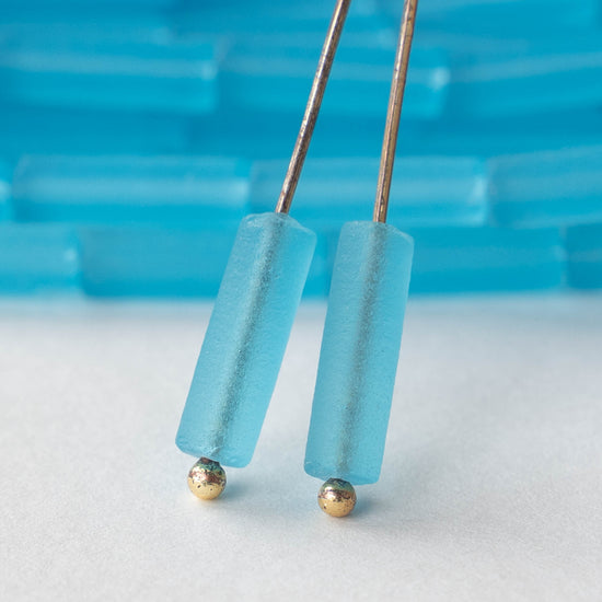 4x14mm Frosted Glass Tube Beads - Transparent Aqua - 30 or 90