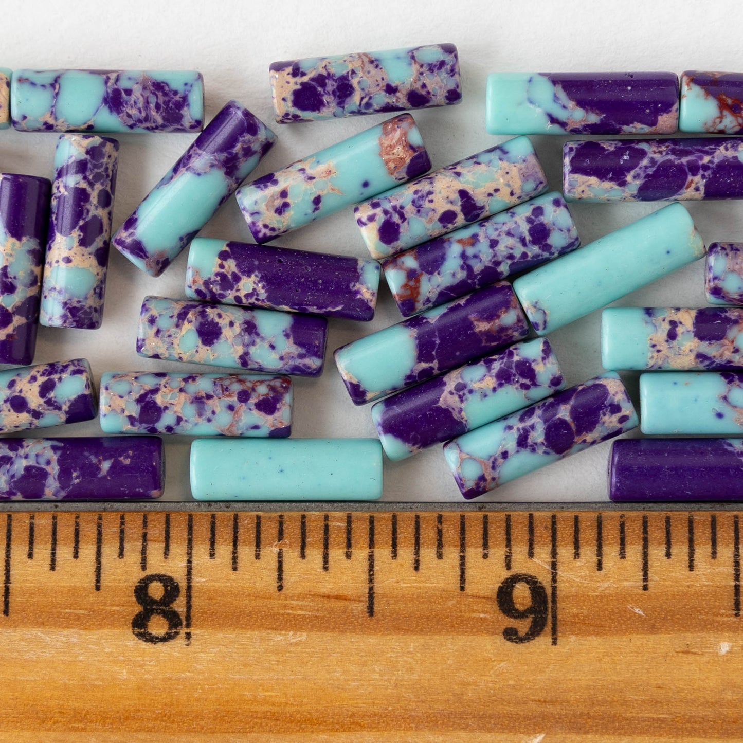 4x14mm Impression Jasper Tube Beads - Blue and Purple Mix - 28 beads