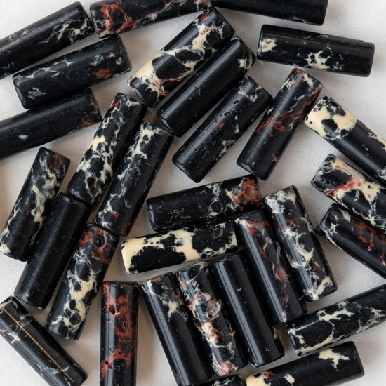 4x14mm Impression Jasper Tube Beads - Black - 28 beads