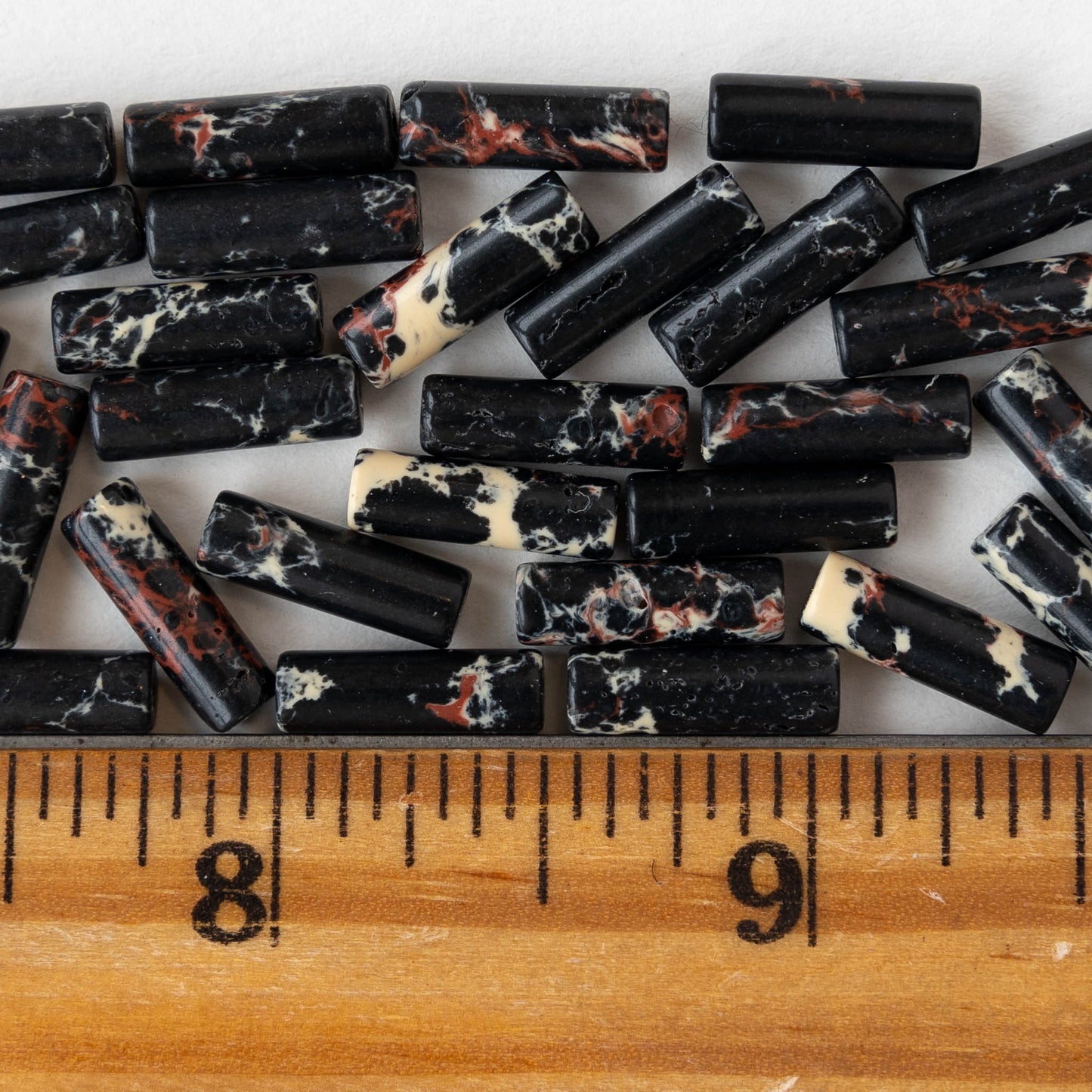 4x14mm Impression Jasper Tube Beads - Black - 28 beads