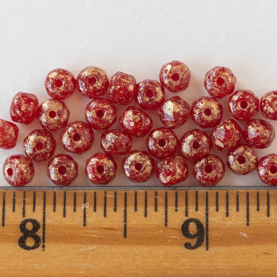 3x5mm Rondelle Beads - Opaque Red With Gold Dust - 30 Beads