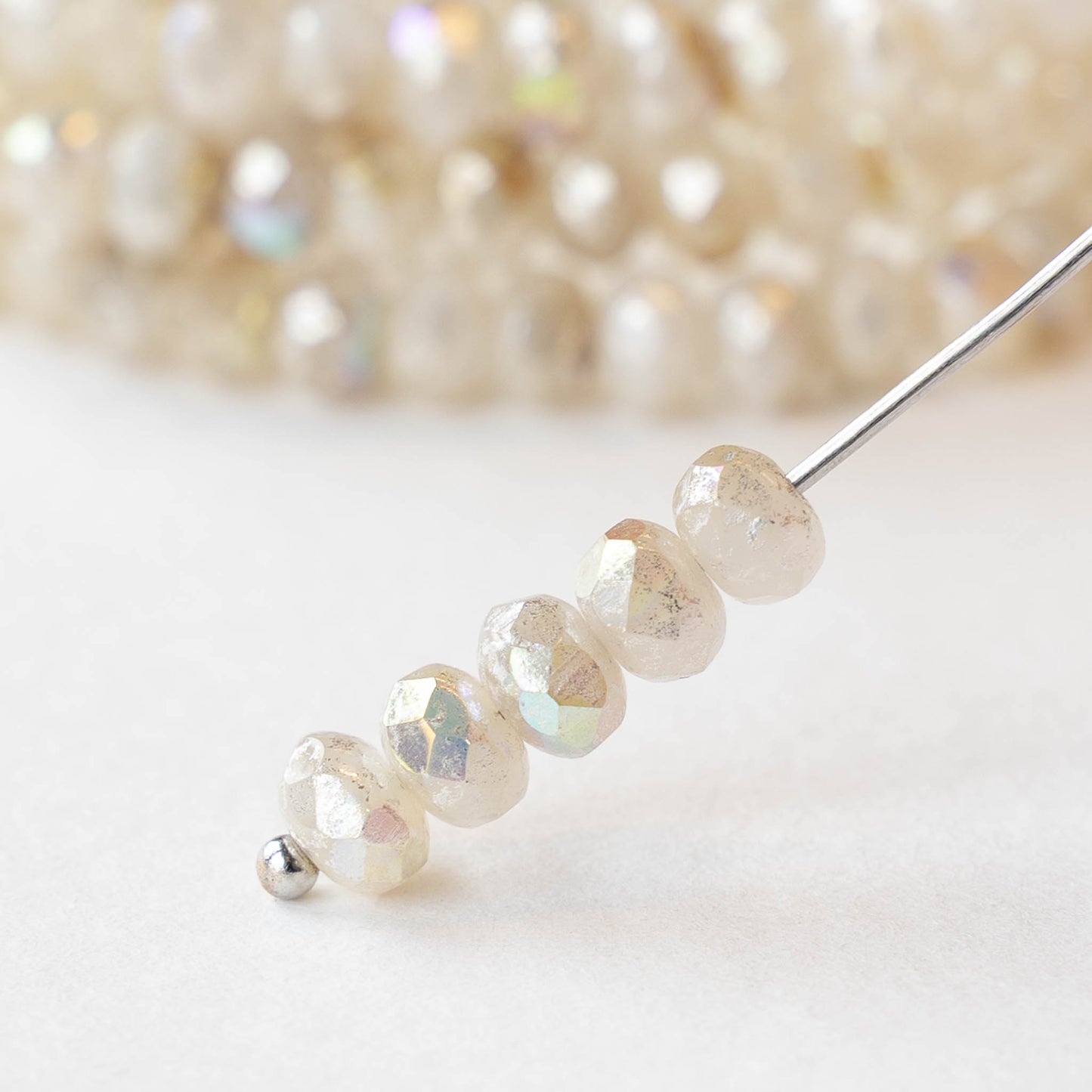 3x5mm Faceted Glass Rondelles - Ivory Opaline Silver AB - 30 Beads