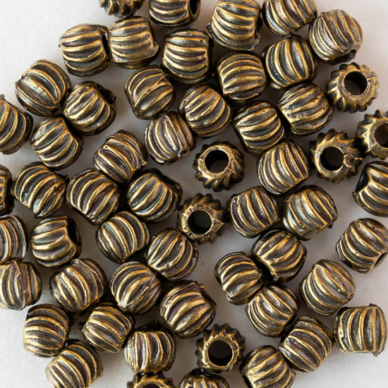 4mm Round Fluted Beads - Antique Brass - 10 beads