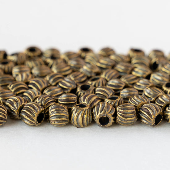 4mm Round Fluted Beads - Antique Brass - 10 beads