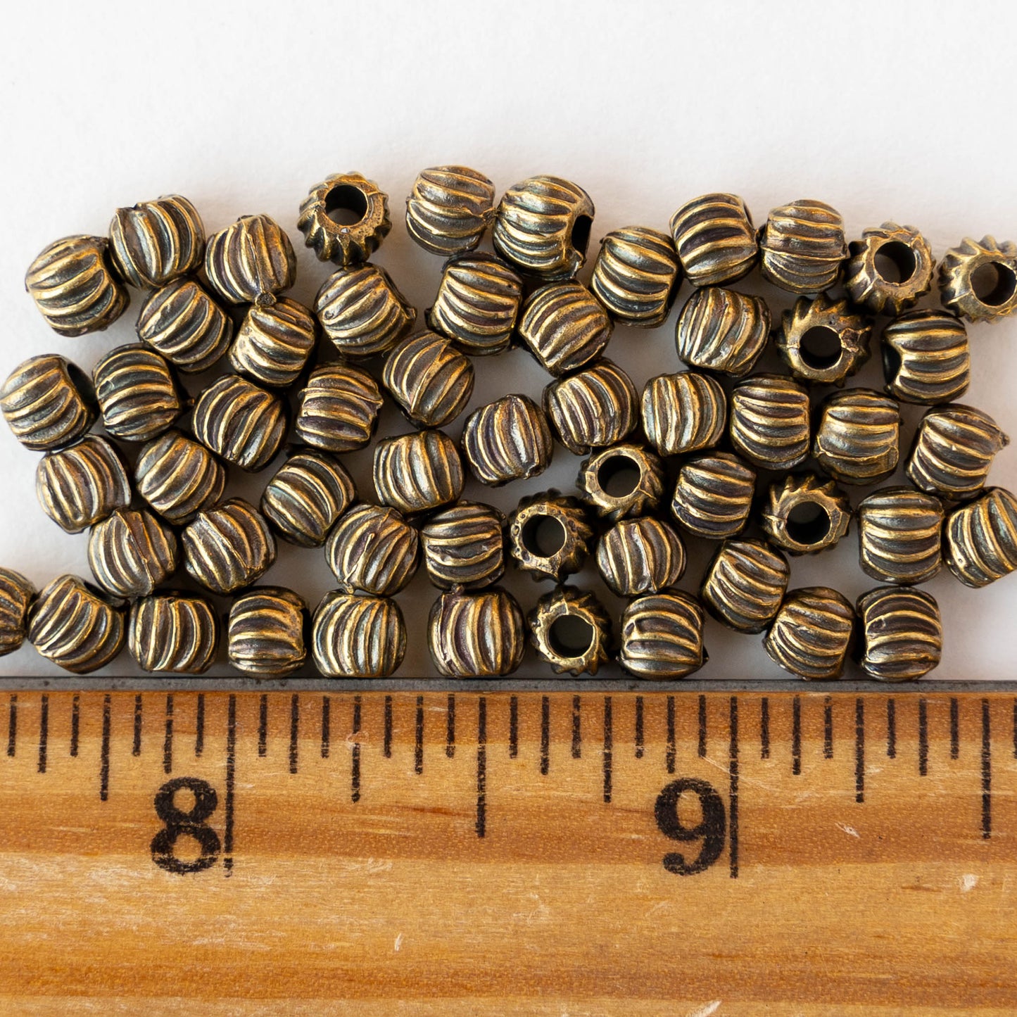 4mm Round Fluted Beads - Antique Brass - 10 beads