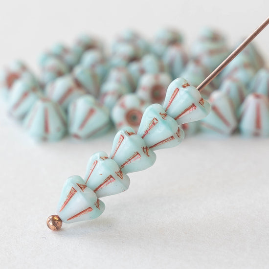 Load image into Gallery viewer, 4x6mm Bell Flower Beads -  Lt Aqua with Copper Wash- 30 Beads
