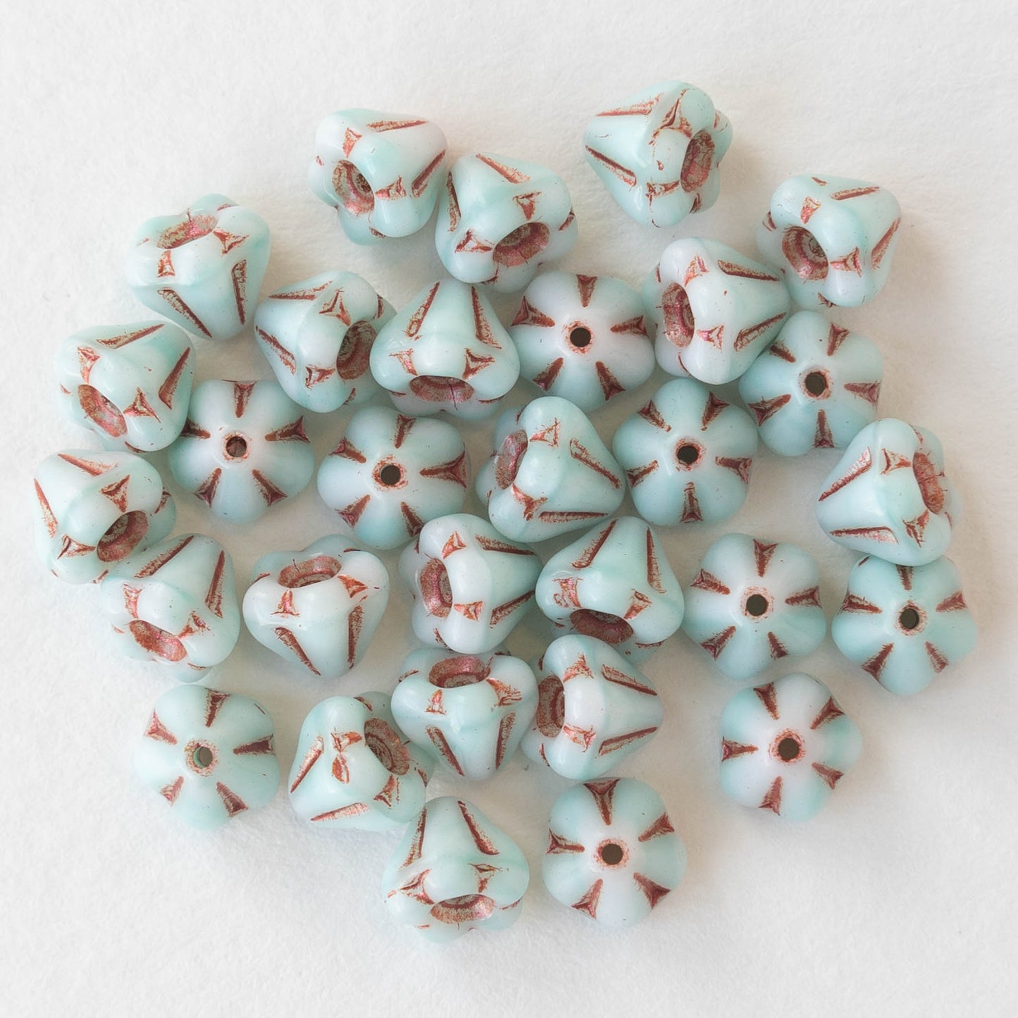 4x6mm Bell Flower Beads -  Lt Aqua with Copper Wash- 30 Beads