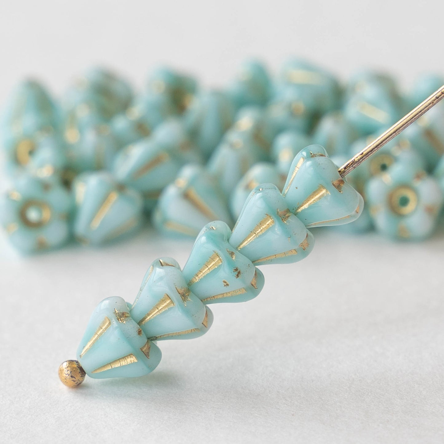 4x6mm Bell Flower Beads -  Lt Aqua with Gold Wash- 30 Beads