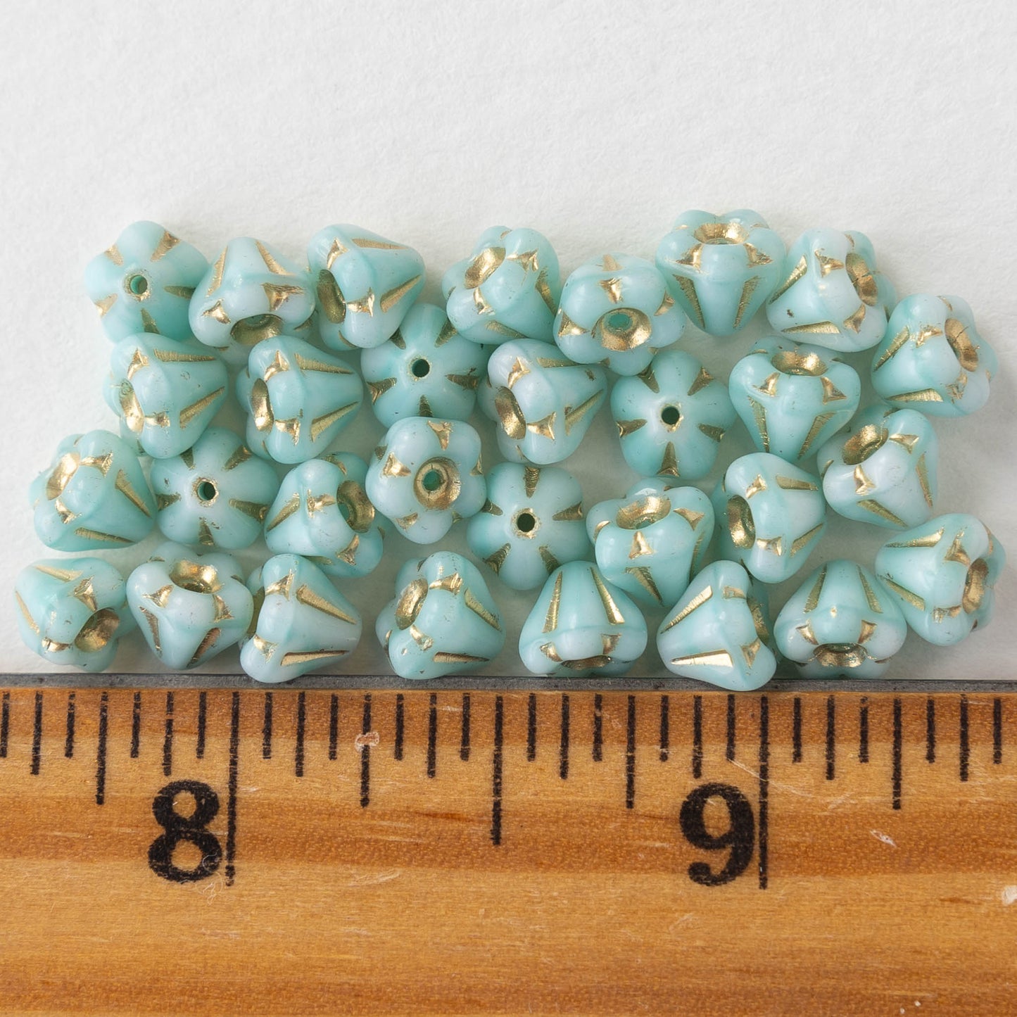 4x6mm Bell Flower Beads -  Lt Aqua with Gold Wash- 30 Beads