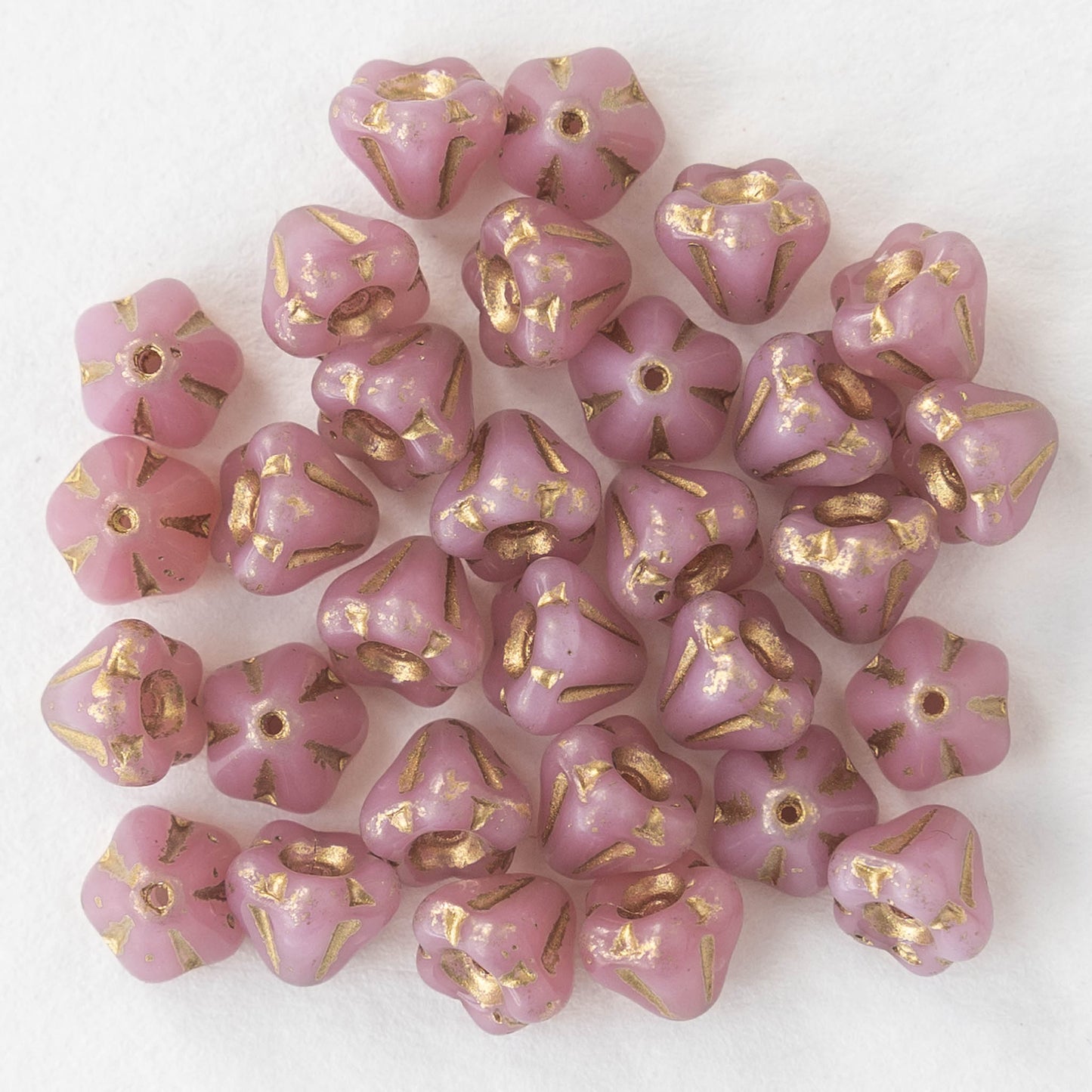 4x6mm Bell Flower Beads -  Pink with Gold Wash- 30 Beads