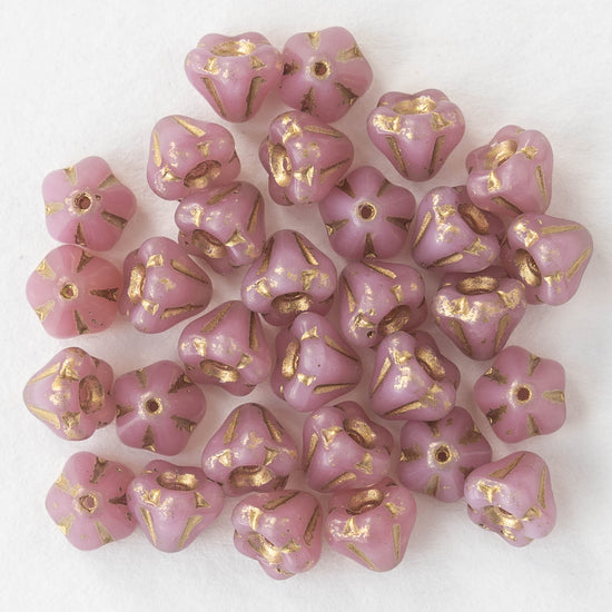 Load image into Gallery viewer, 4x6mm Bell Flower Beads -  Pink with Gold Wash- 30 Beads
