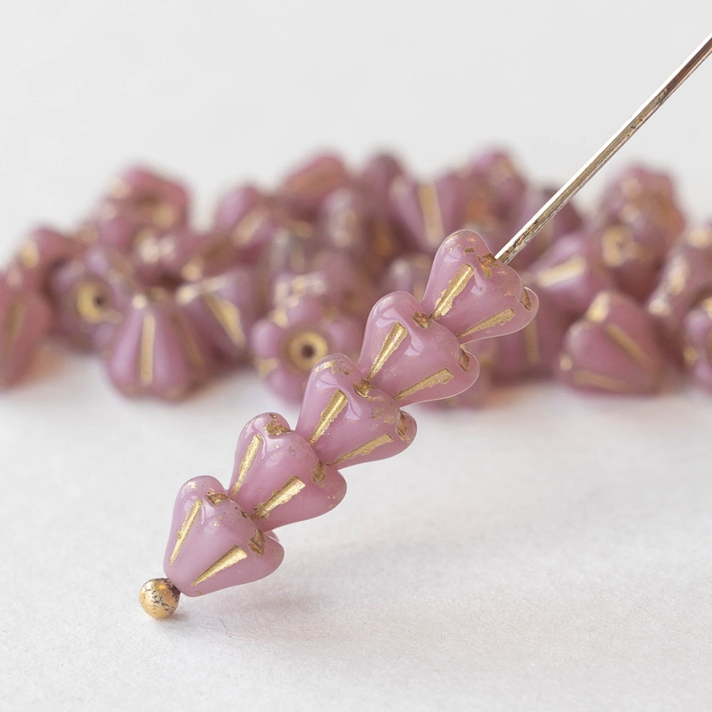 4x6mm Bell Flower Beads -  Pink with Gold Wash- 30 Beads