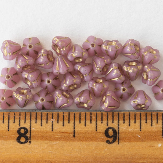 4x6mm Bell Flower Beads -  Pink with Gold Wash- 30 Beads