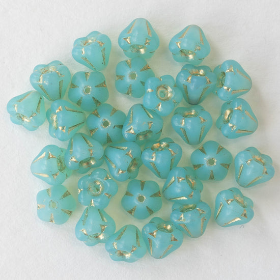4x6mm Bell Flower Beads - Seafoam Opaline with Gold - 30 Beads