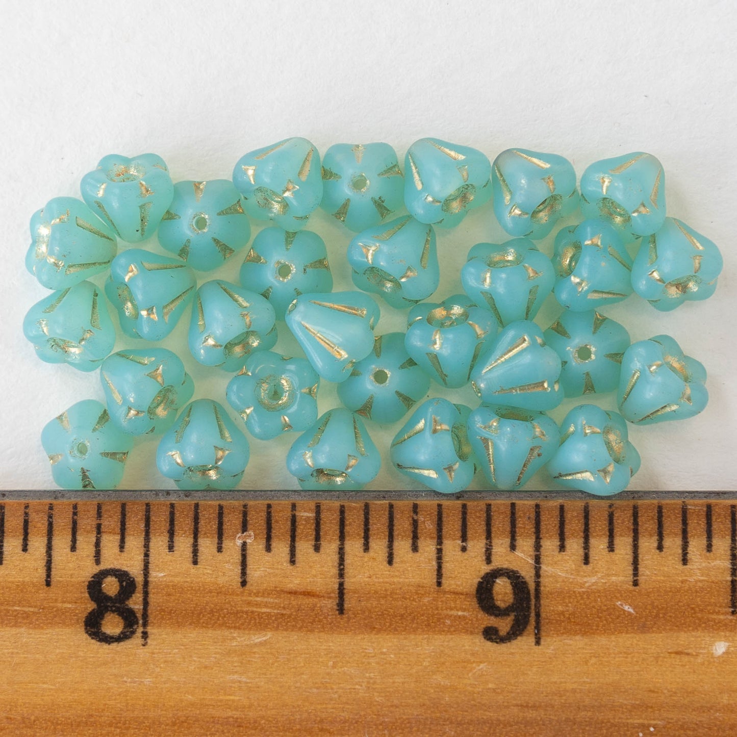 4x6mm Bell Flower Beads - Seafoam Opaline with Gold - 30 Beads