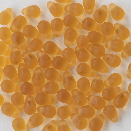 4x6mm Frosted Glass Teardrops - Amber Topaz - 100 Beads